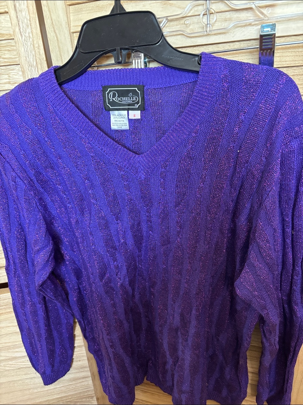 Rochelle of California V-Neck Metallic Purple Women's Sweater Small